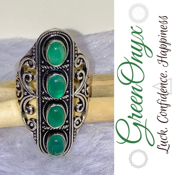 Green Onyx Gemstone Handmade Filigree Shield Armor Ring - Picture 1 of 11